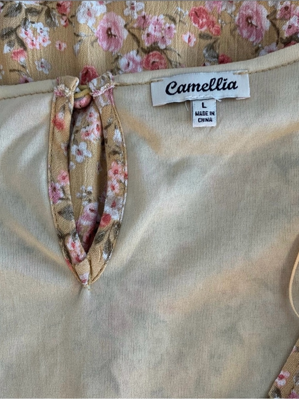 Camellia Brown Pink Floral V Neck Mini Dress Side Tie Flutter Sleeves Large - Picture 11 of 12